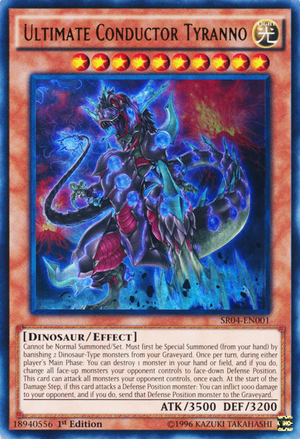 Ultimate Conductor Tyranno, one of the most powerful monsters in Yugioh